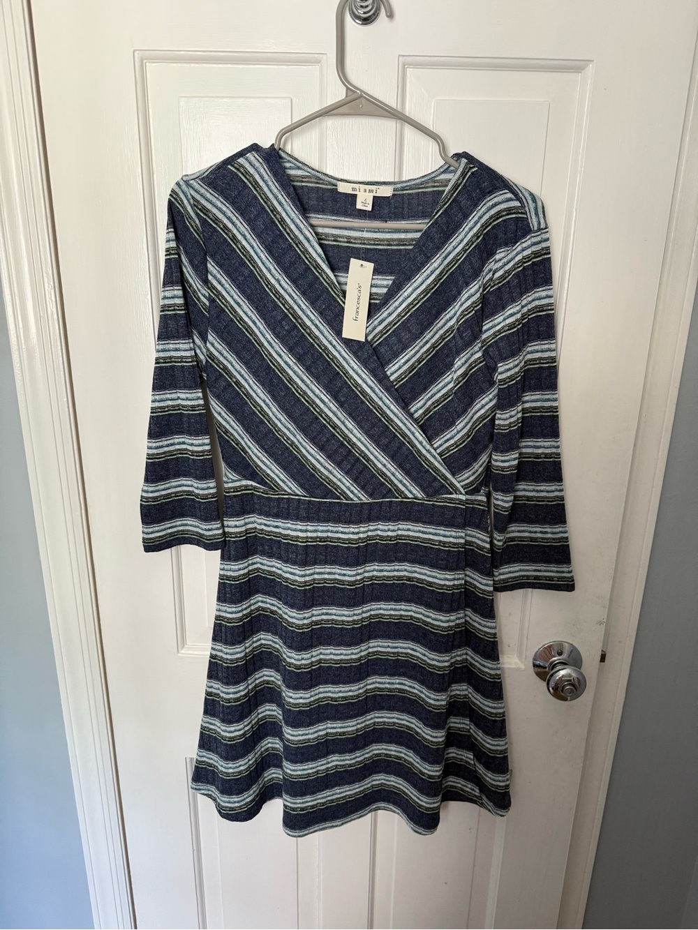 miami Navy and Light Blue Striped Wrap-Style Long Sleeve Dress NWT